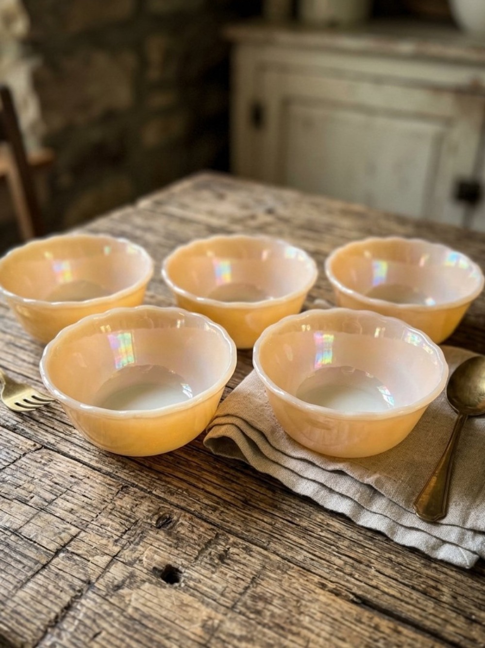 Fire King Peach-White Scalloped Dessert Bowls - Set of 5